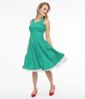 1950s Green & White Polka Dot Cotton Swing Dress