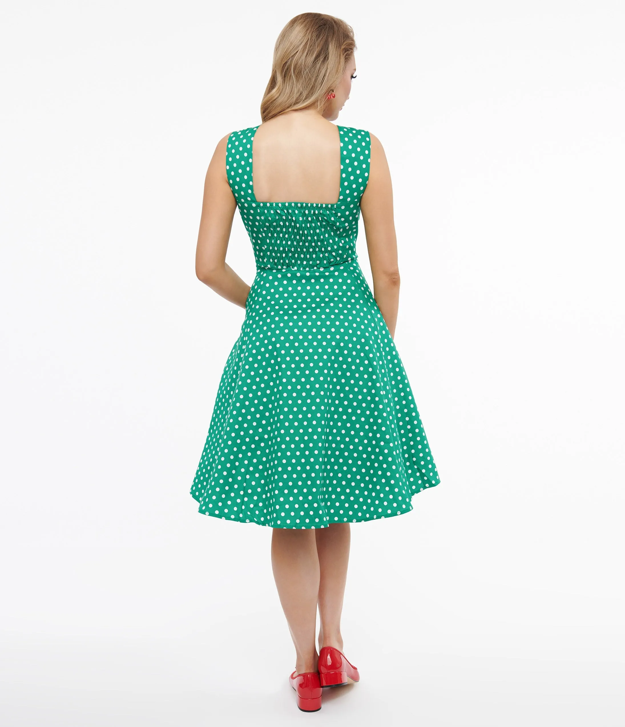 1950s Green & White Polka Dot Cotton Swing Dress