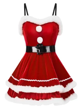 1960s Plush Trim Santa Claus Cosplay Straps Dress