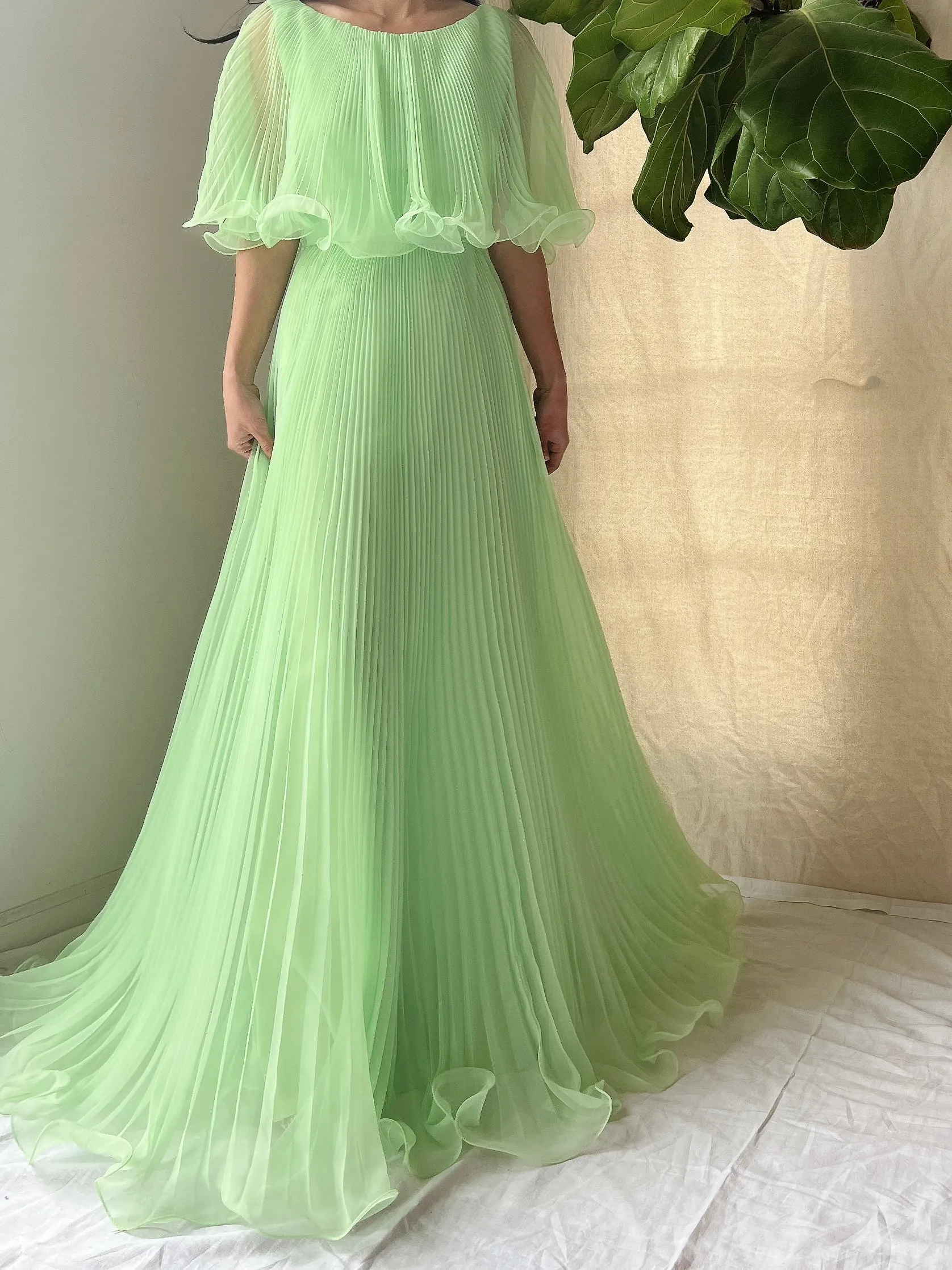 1960s Seafoam Pleated Chiffon Dress - S