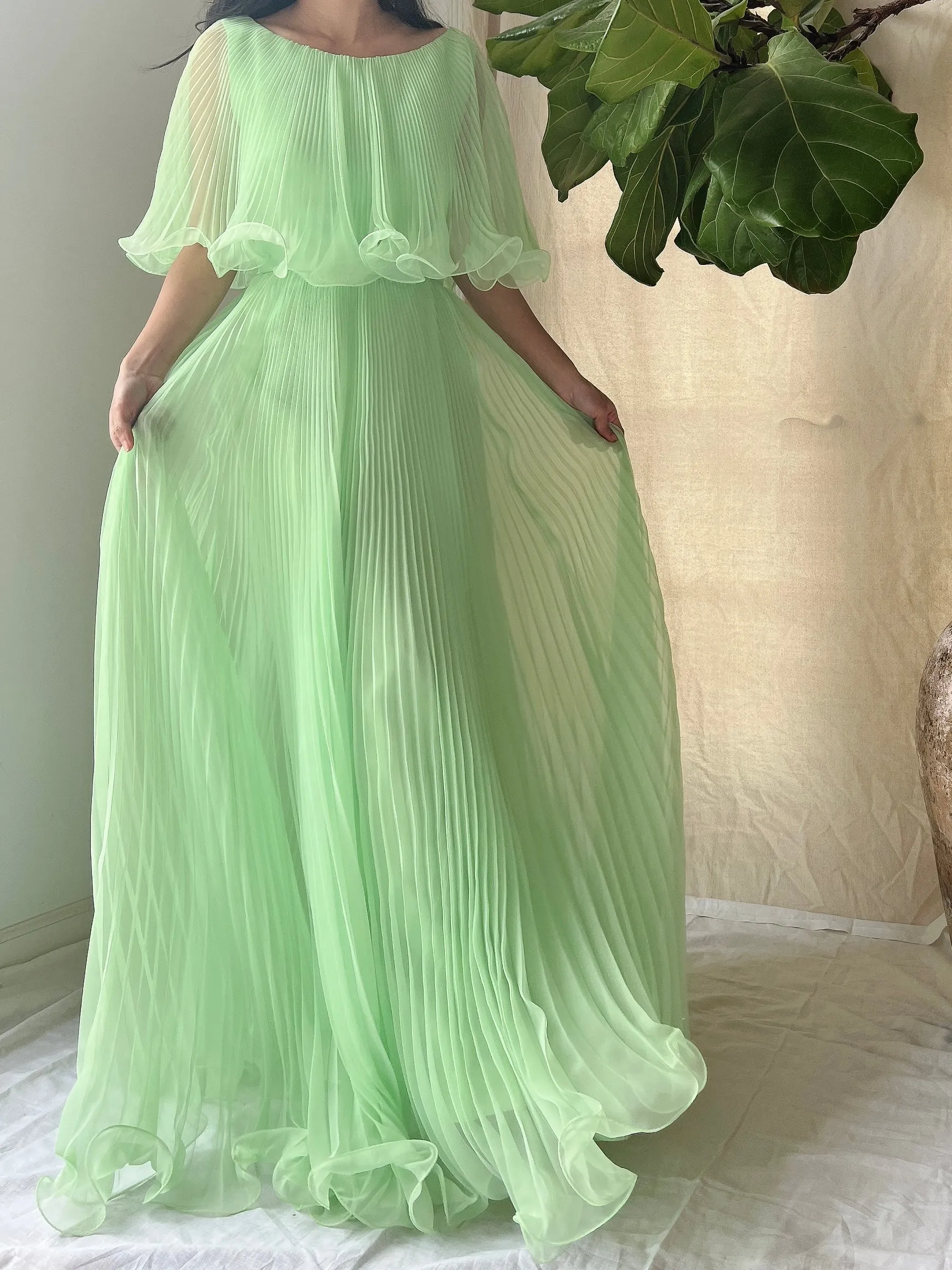 1960s Seafoam Pleated Chiffon Dress - S