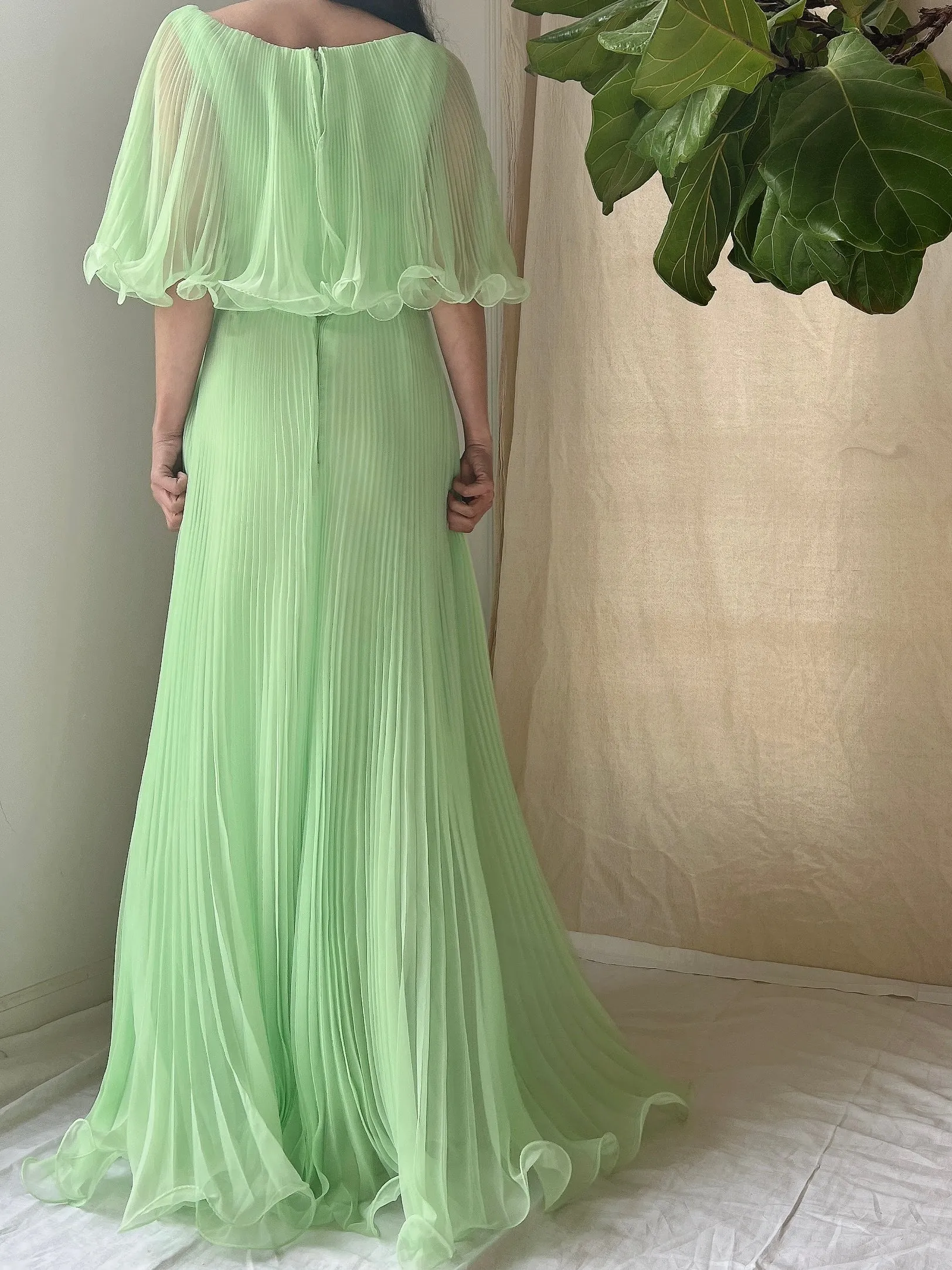 1960s Seafoam Pleated Chiffon Dress - S