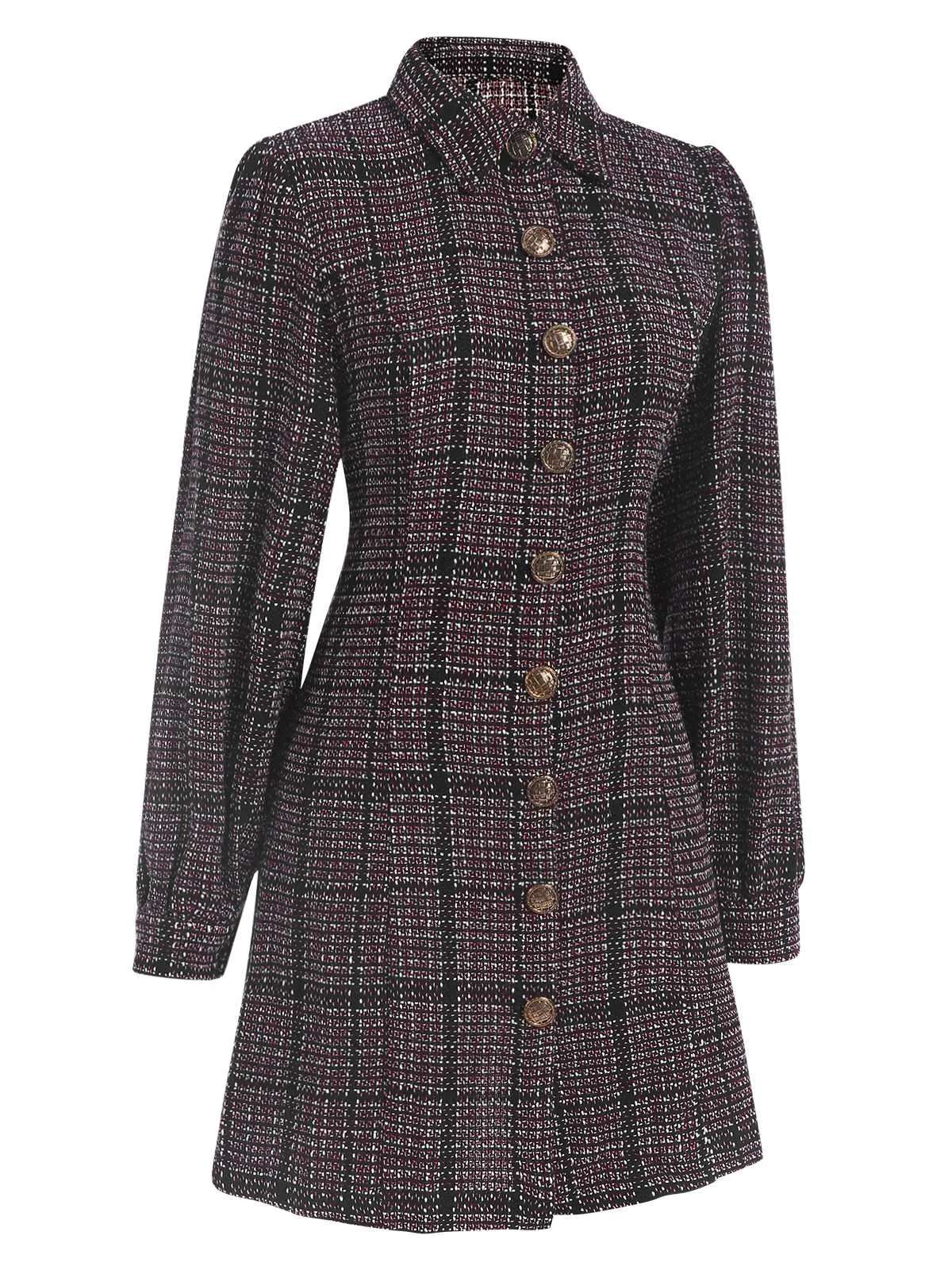 1960s Shirt Collar Lantern Sleeve Plaids Dress