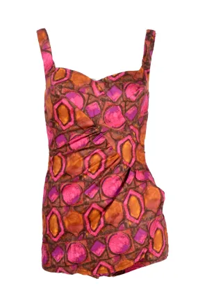 1960s Skylar Pink & Brown Abstract One Piece Swimsuit