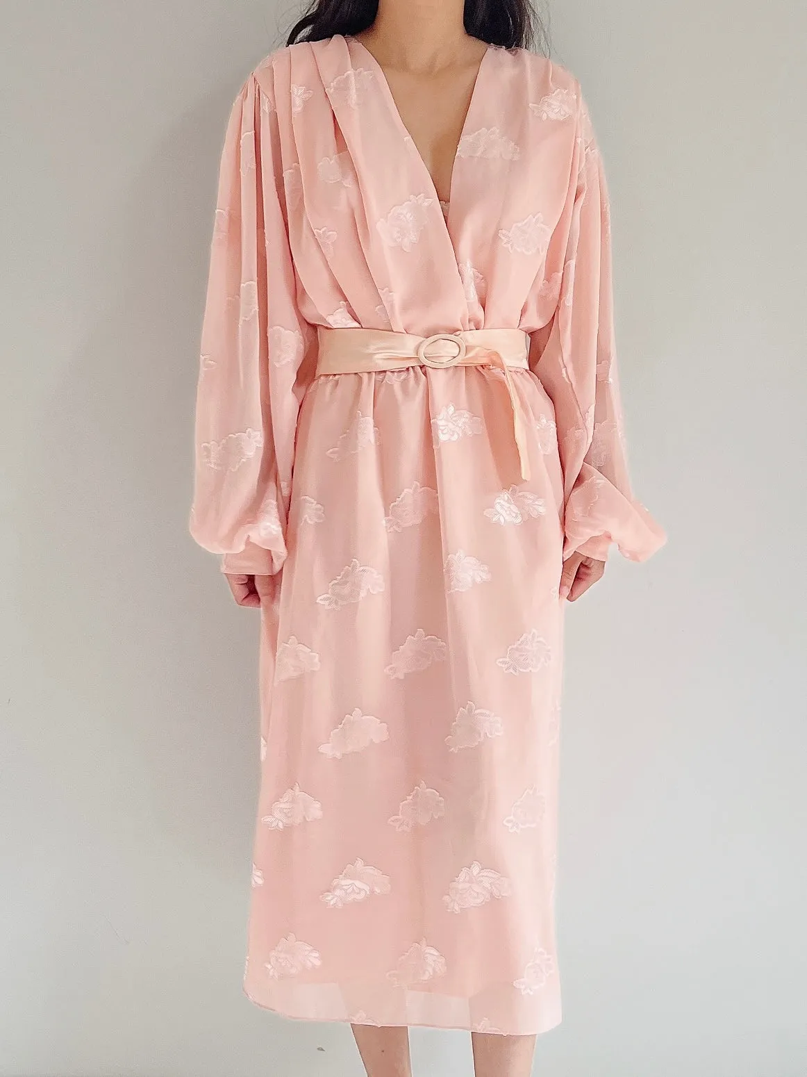 1980s Pink Puffed Sleeves Faux Wrap Dress - M