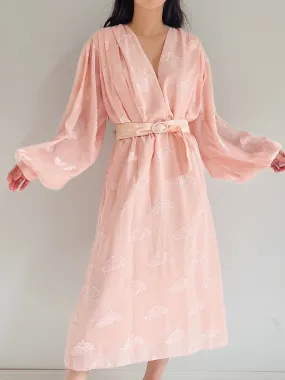 1980s Pink Puffed Sleeves Faux Wrap Dress - M