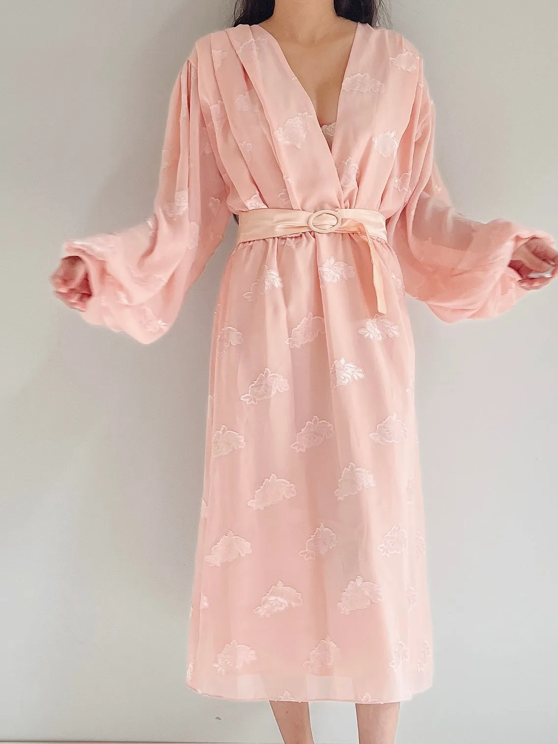 1980s Pink Puffed Sleeves Faux Wrap Dress - M