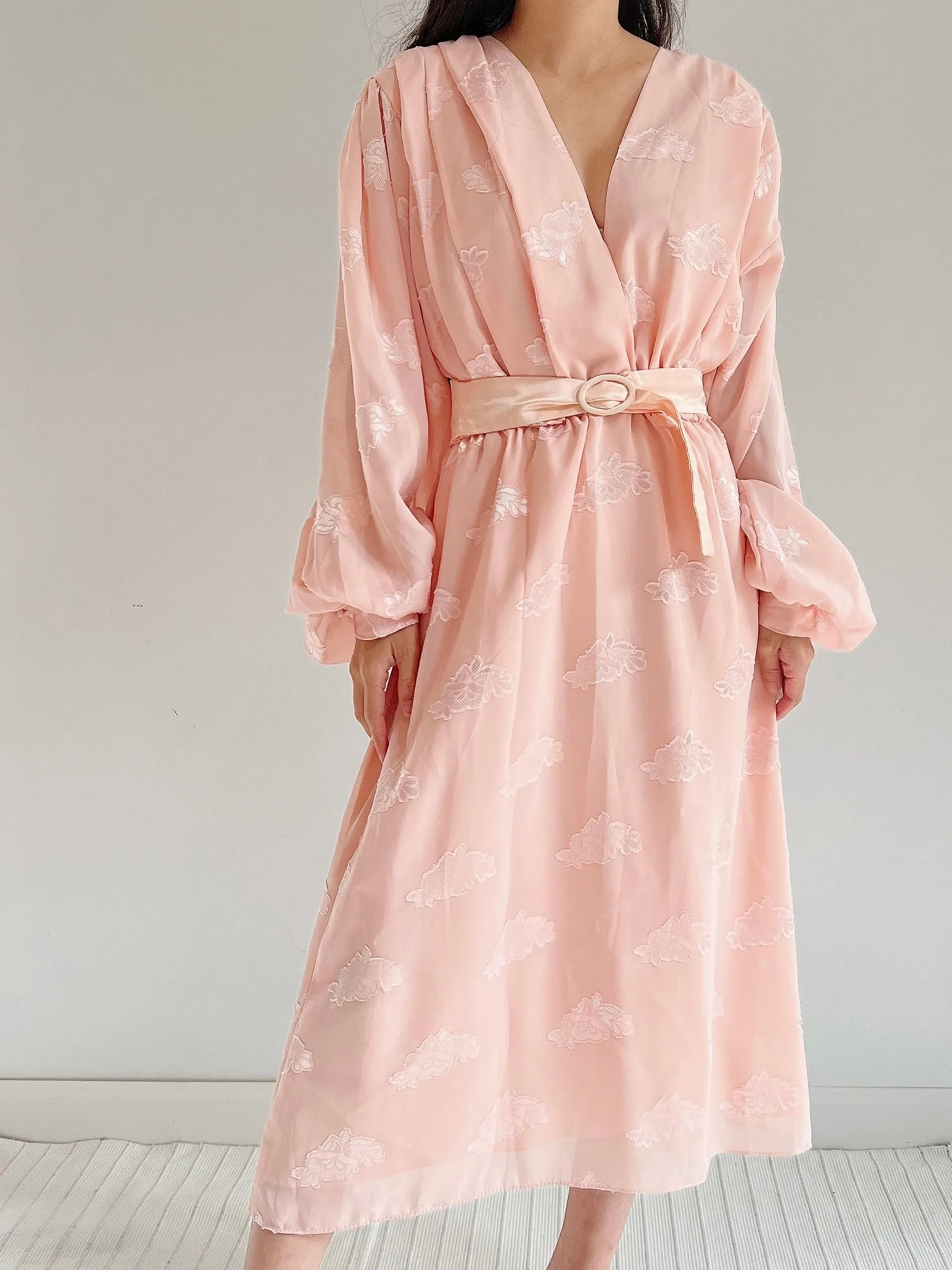 1980s Pink Puffed Sleeves Faux Wrap Dress - M