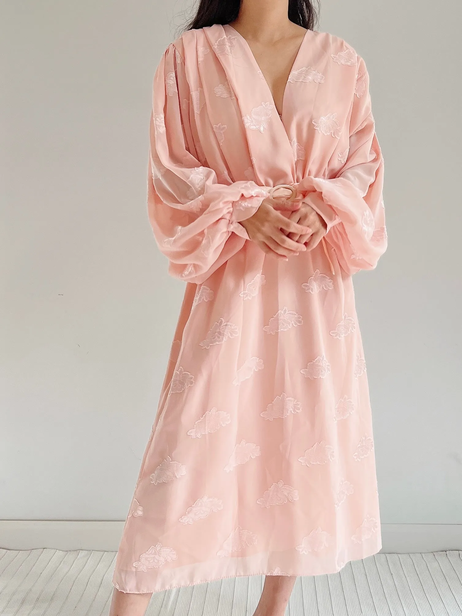 1980s Pink Puffed Sleeves Faux Wrap Dress - M