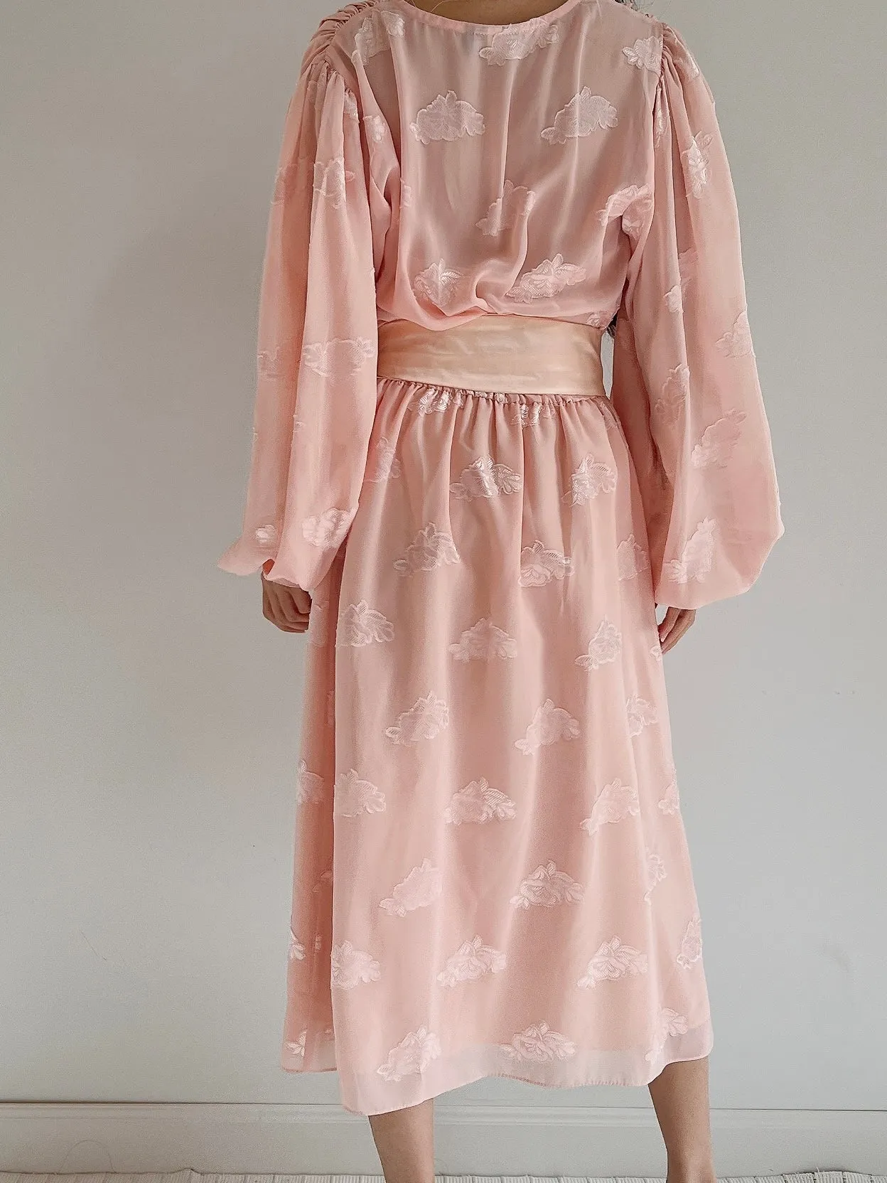 1980s Pink Puffed Sleeves Faux Wrap Dress - M