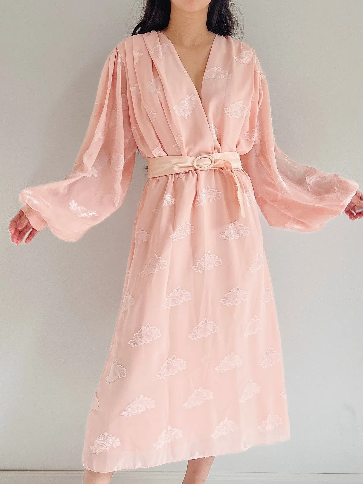 1980s Pink Puffed Sleeves Faux Wrap Dress - M