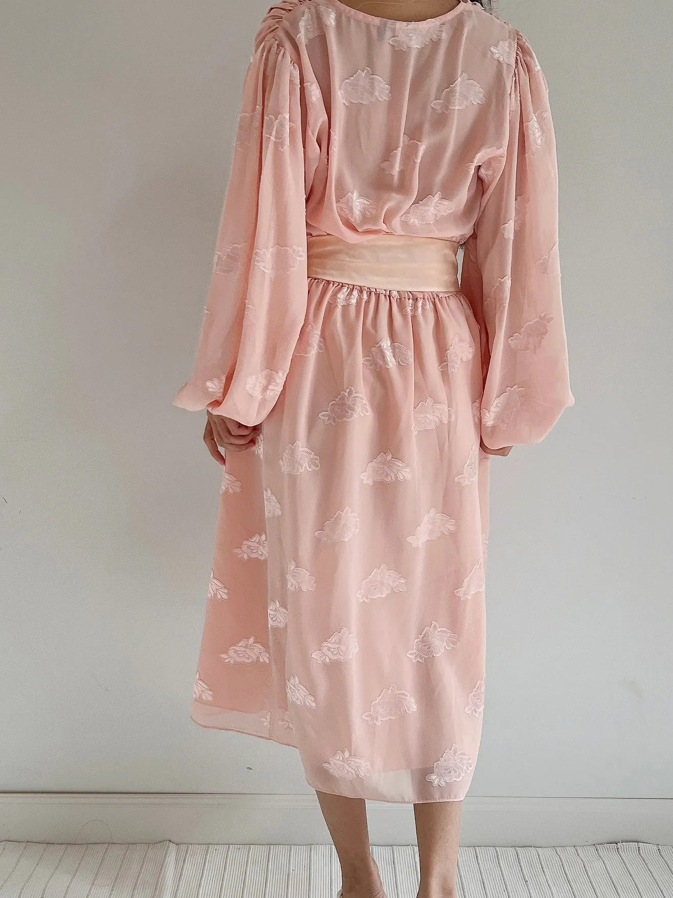 1980s Pink Puffed Sleeves Faux Wrap Dress - M