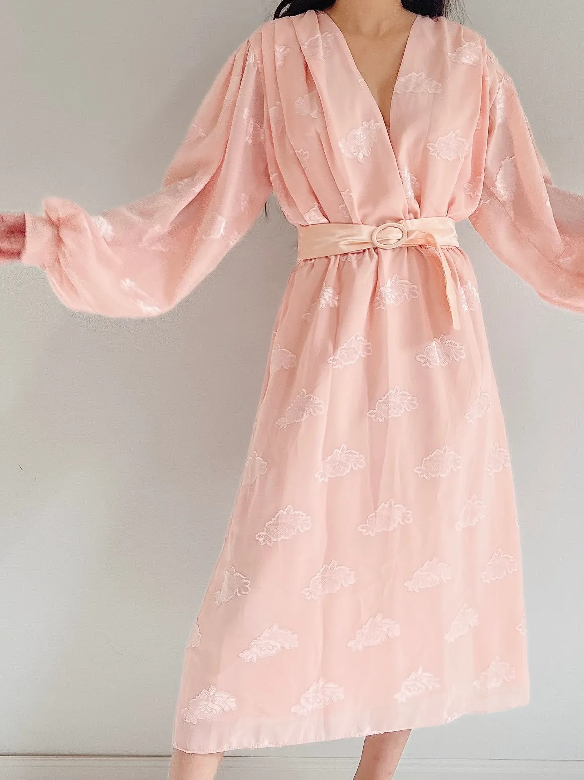 1980s Pink Puffed Sleeves Faux Wrap Dress - M