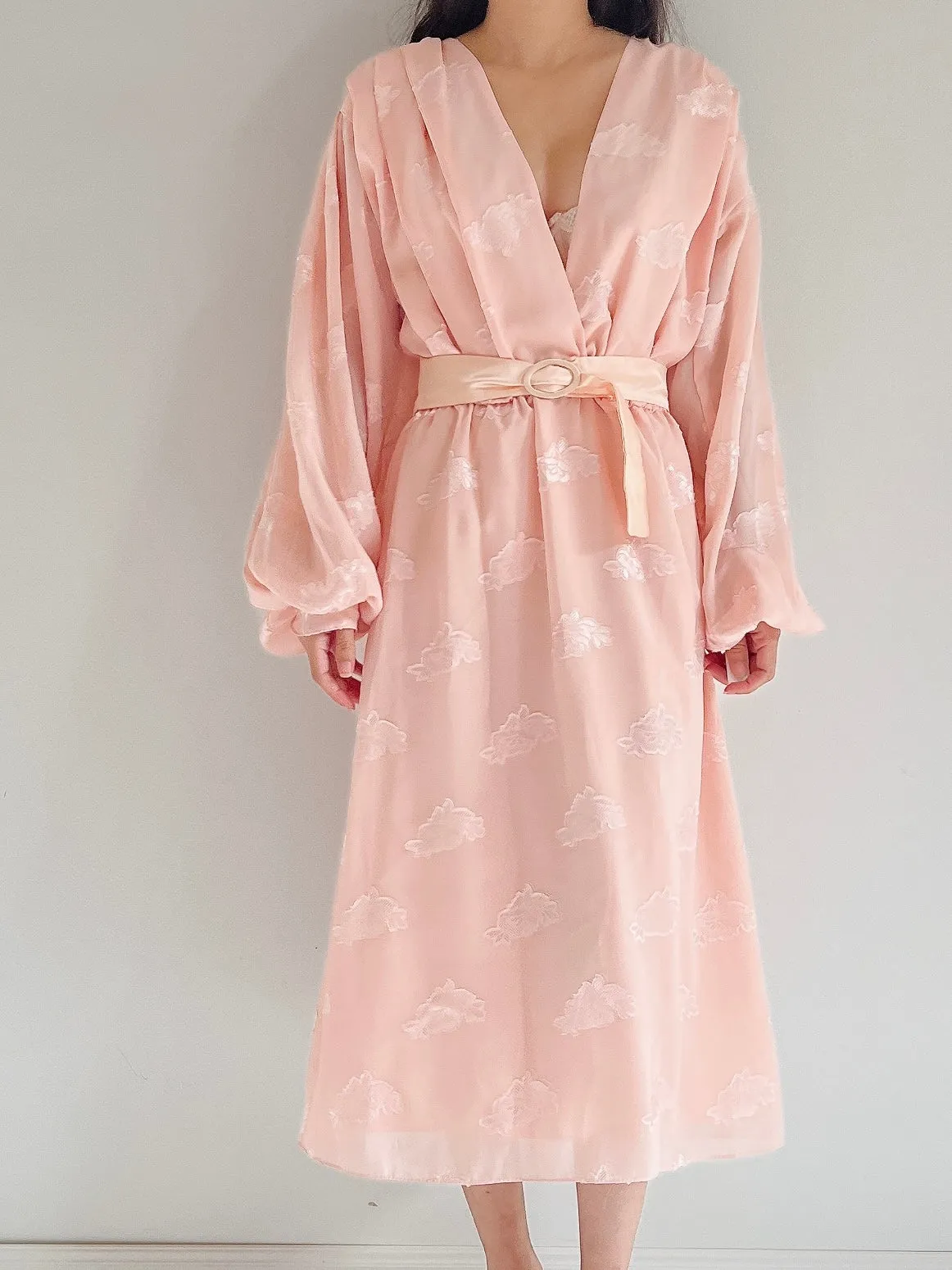 1980s Pink Puffed Sleeves Faux Wrap Dress - M