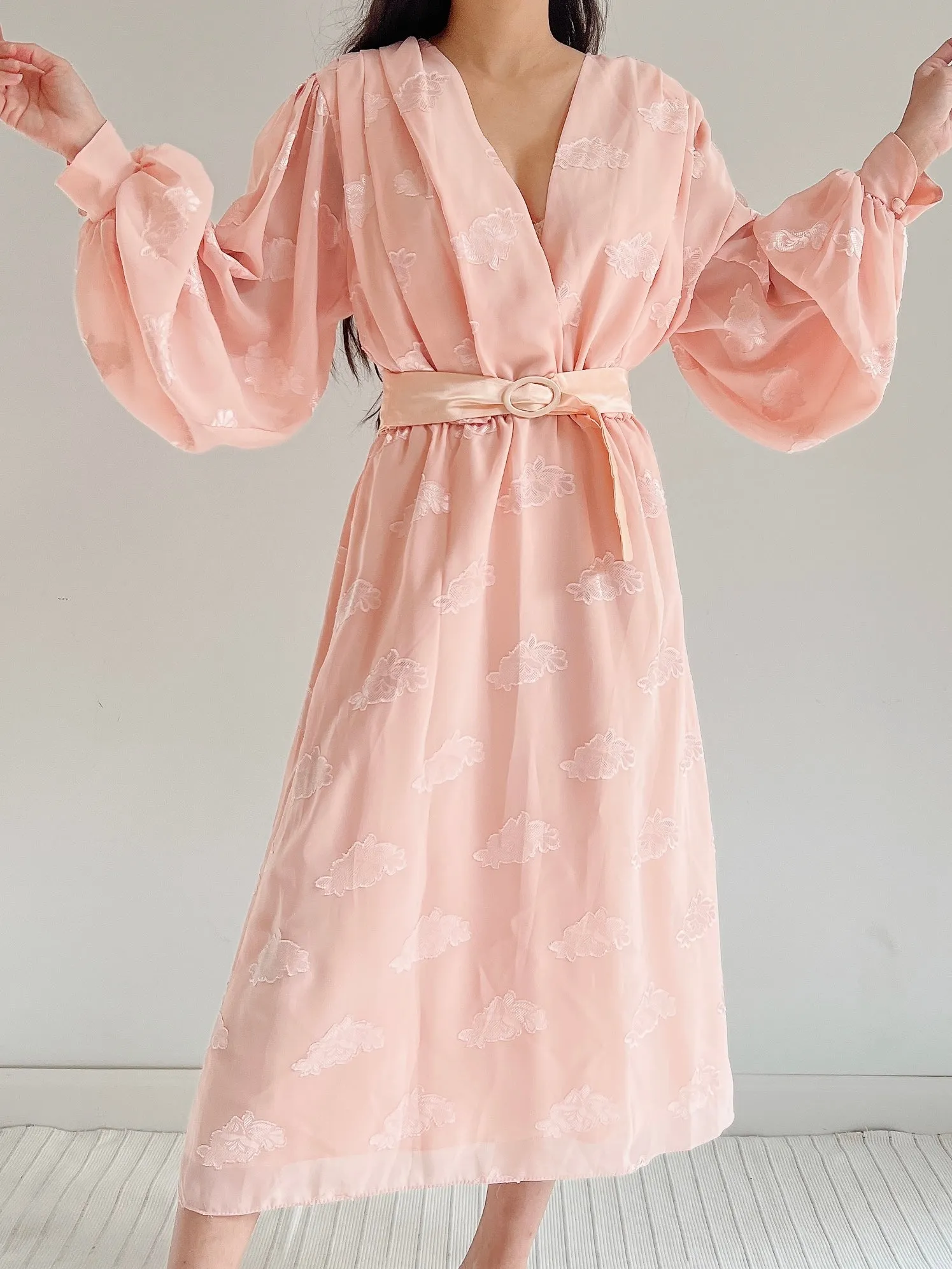 1980s Pink Puffed Sleeves Faux Wrap Dress - M