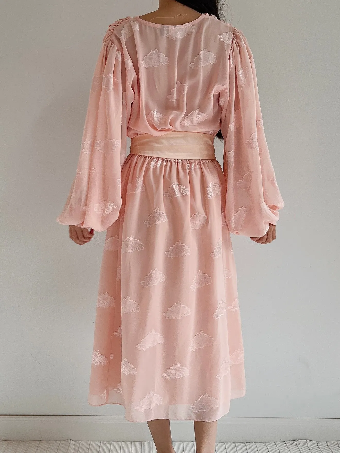 1980s Pink Puffed Sleeves Faux Wrap Dress - M