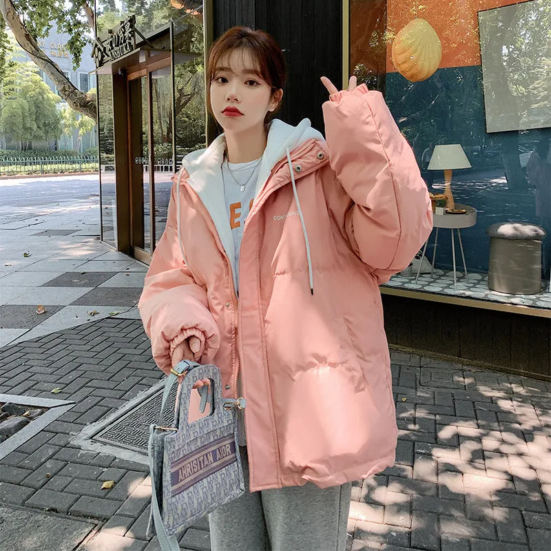 2023 winter down cotton-padded women's new thickened Korean version fake two pieces loose hooded jacket cotton-padded jacket wholesale