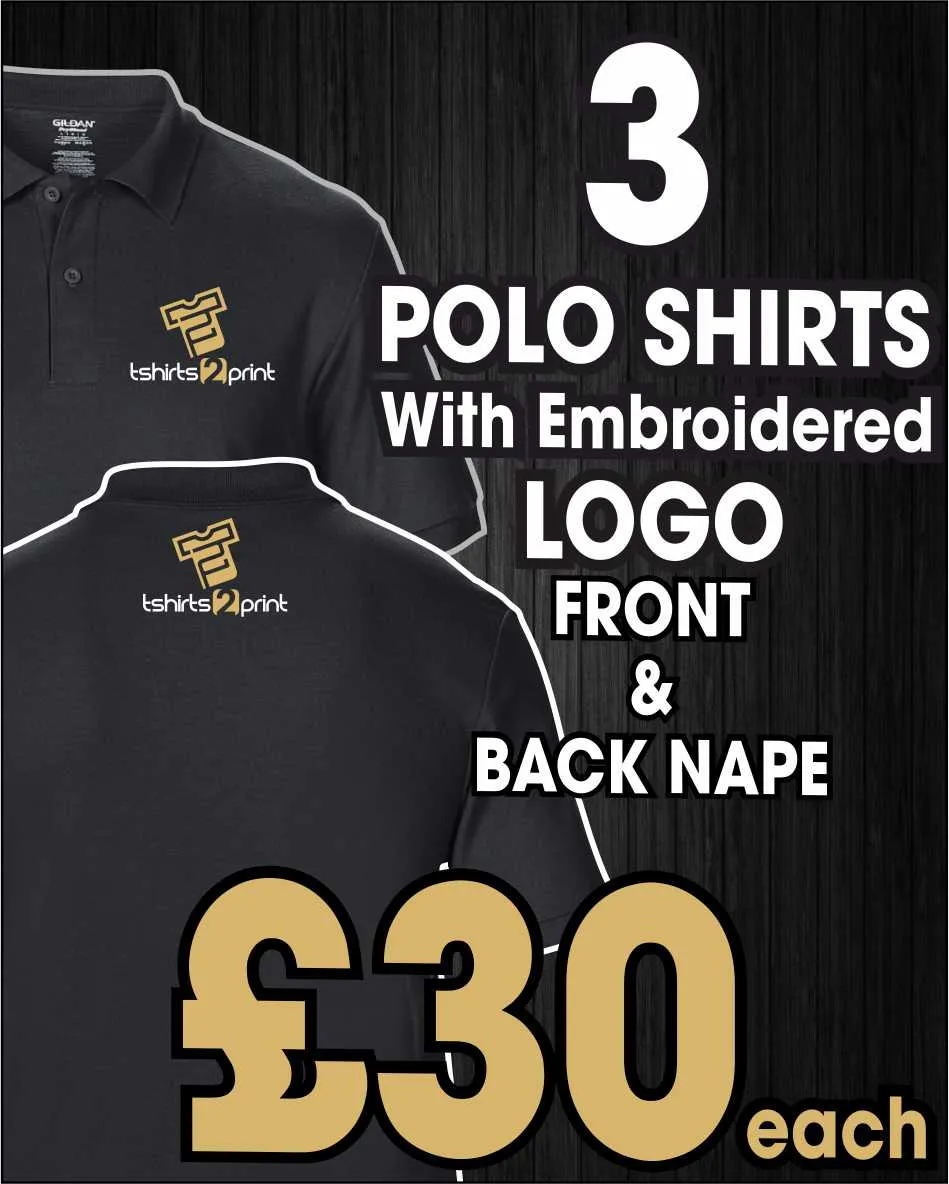 3 x Polo Tops with Embroidered LOGO FRONT & BACK NAPE