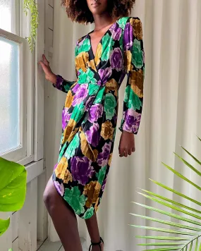 80s Floral Wrap Dress | S-M