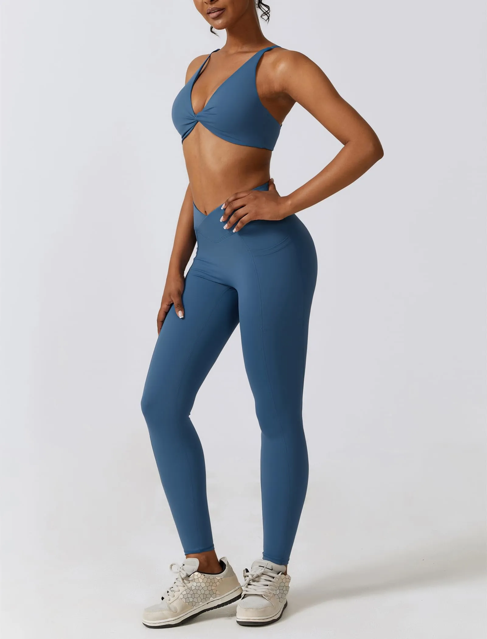 ABOCIW Workout Sets Crossover High Waist Leggings for Women with Pocket V Neck Twist Front Sports Bras for Women 2 Piece Yoga Gym Sets Crossover Blue Small