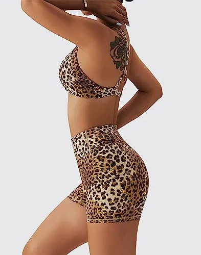 ABOCIW Workout Sets for Women Buttery Soft Leopard Print Twist Sports Bras Cross Back Yoga Crop Tank Top Scrunch Butt Lifting High Waist Booty Shorts 2 Piece Gym Clothes Brown Large