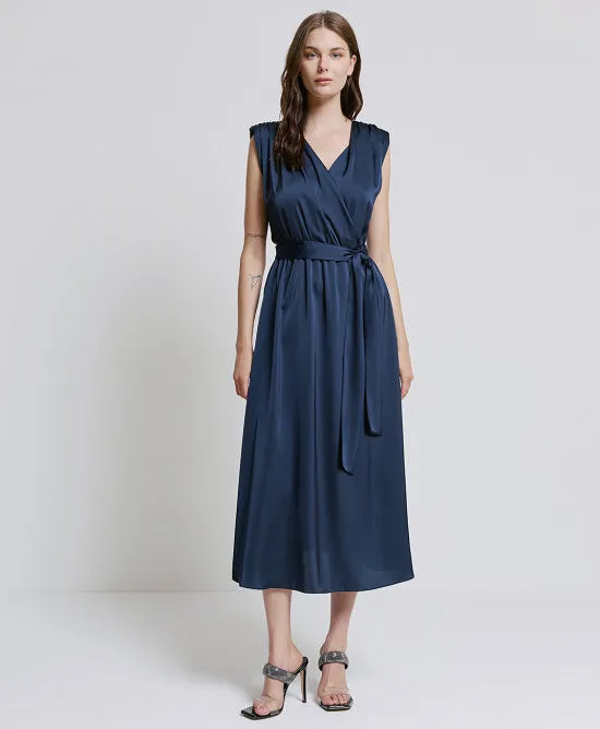 Access Fashion Navy Satin Dress With Tie Belt