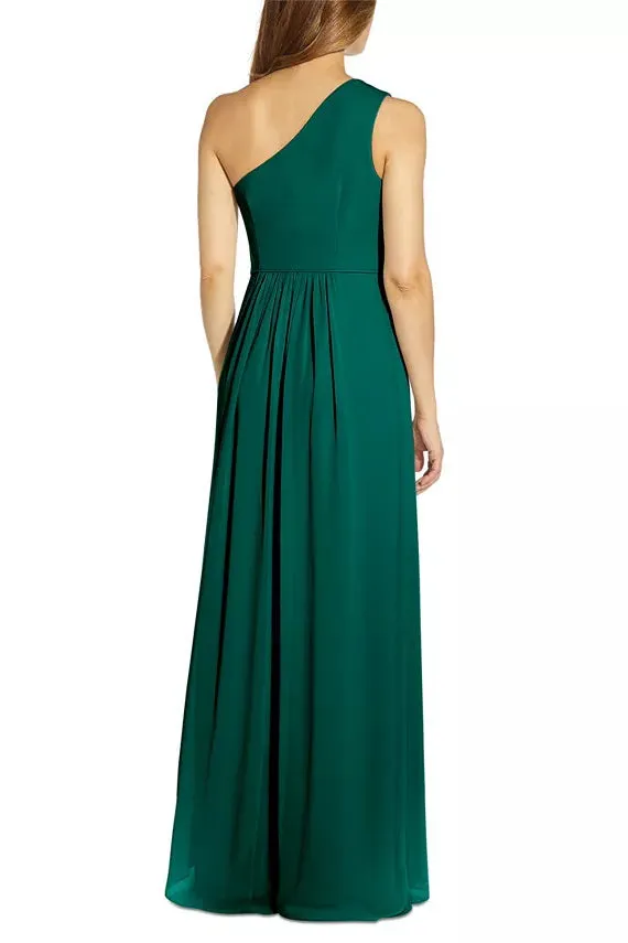 Adrianna Papell one-shoulder front slit chiffon bodycon gown