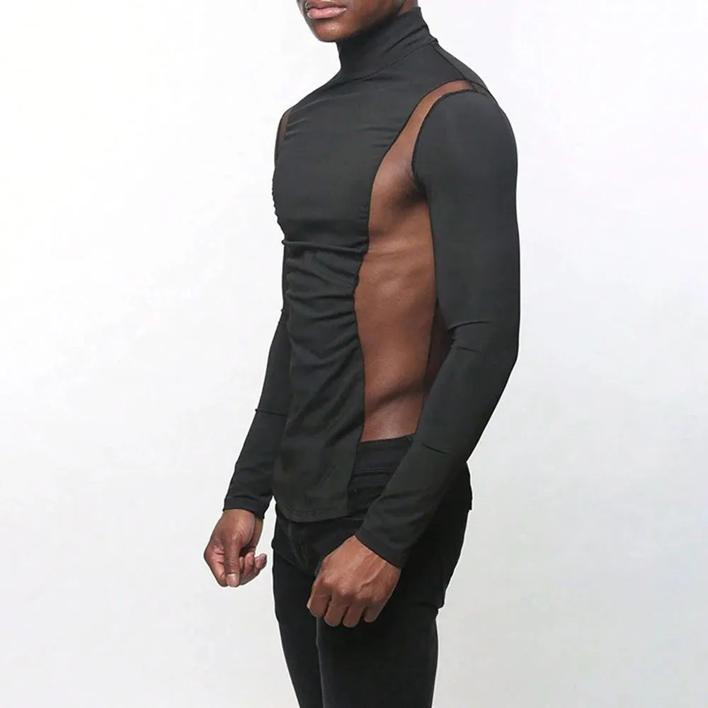 Aidase Mens Sexy Tight-Fitting Sports Fitness Mesh Long-Sleeved Tops Autumn Nightclubs Perspective Stitching Stretch Turtleneck Tops