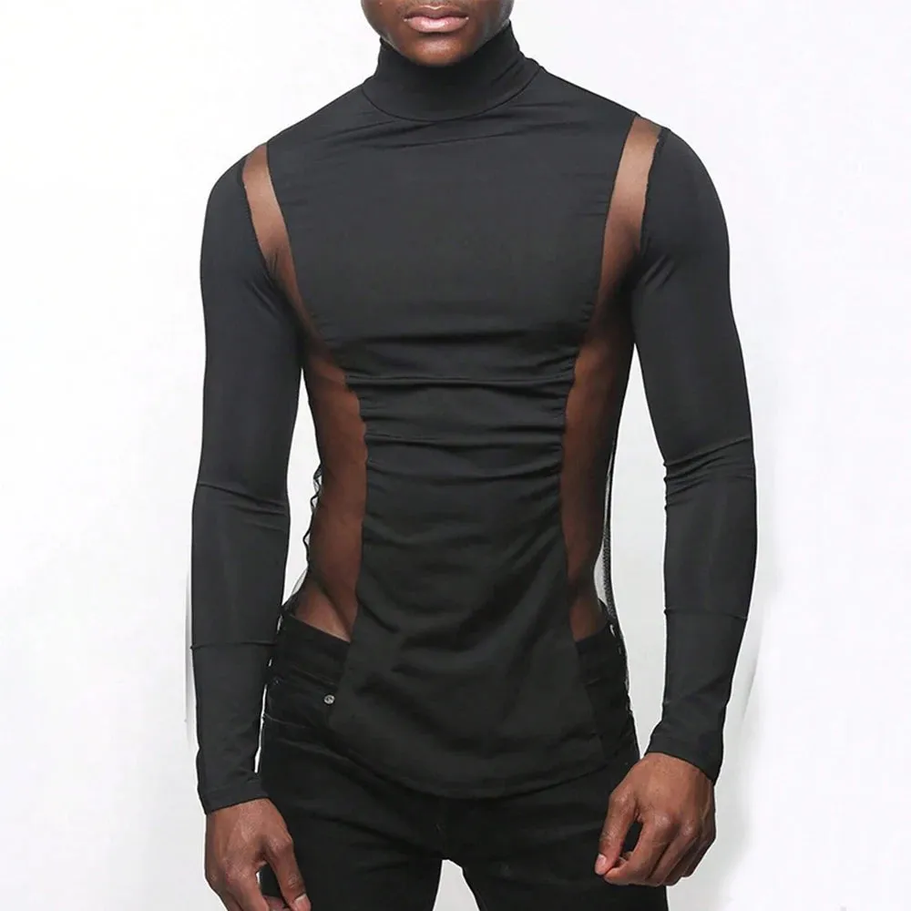 Aidase Mens Sexy Tight-Fitting Sports Fitness Mesh Long-Sleeved Tops Autumn Nightclubs Perspective Stitching Stretch Turtleneck Tops