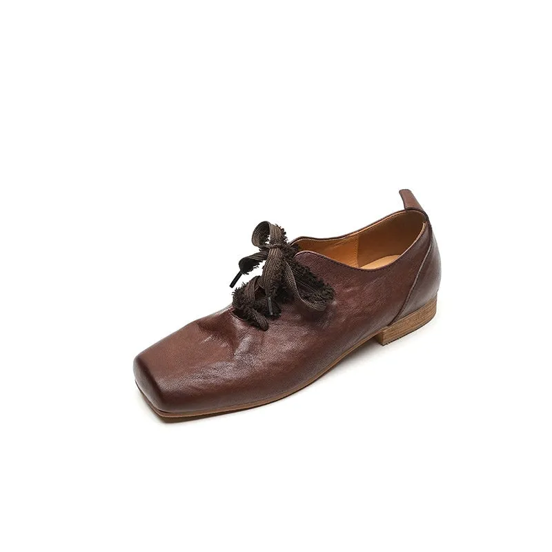 All Leather Retro Mary Jane Ballet Flats with Lace up Square Toe in Black/Coffee/Brown