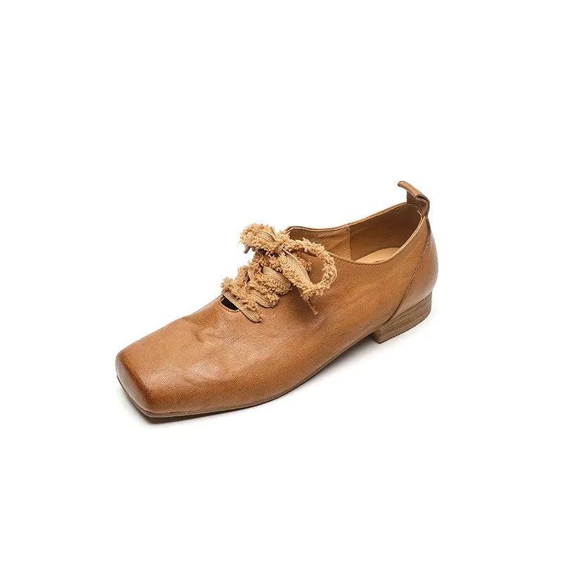 All Leather Retro Mary Jane Ballet Flats with Lace up Square Toe in Black/Coffee/Brown