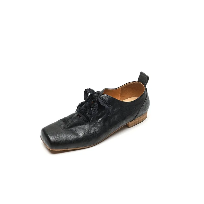 All Leather Retro Mary Jane Ballet Flats with Lace up Square Toe in Black/Coffee/Brown