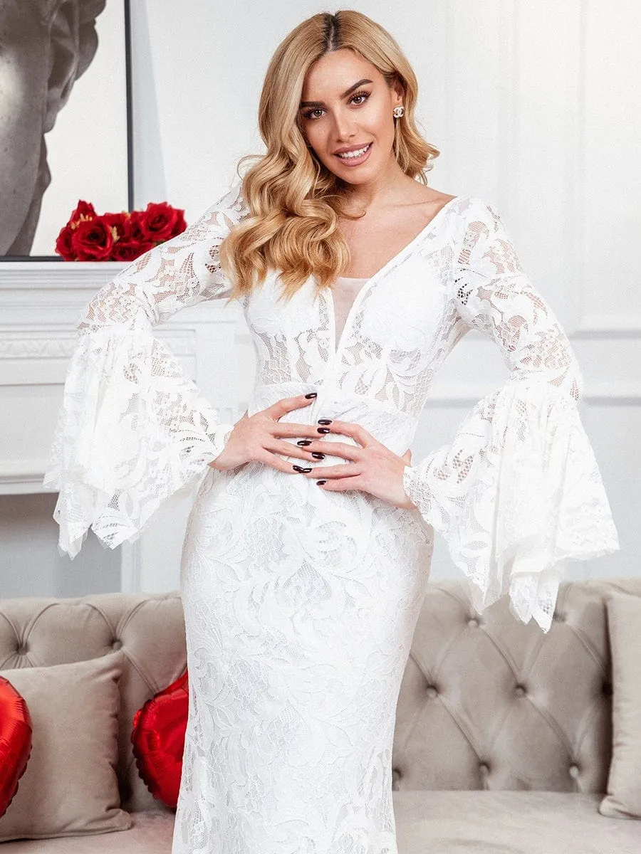 All-Over Lace Bell Sleeve Fishtail Wedding Dress