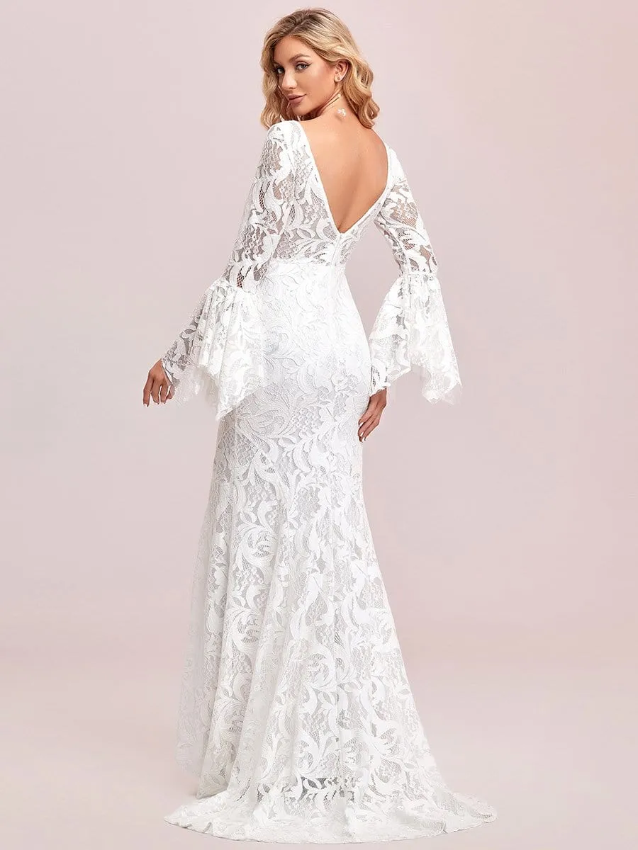 All-Over Lace Bell Sleeve Fishtail Wedding Dress