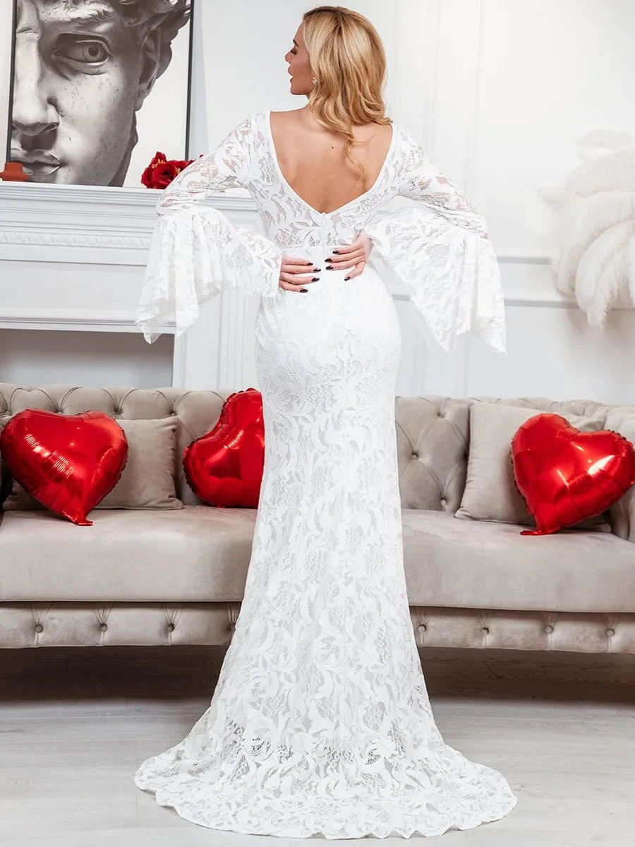 All-Over Lace Bell Sleeve Fishtail Wedding Dress