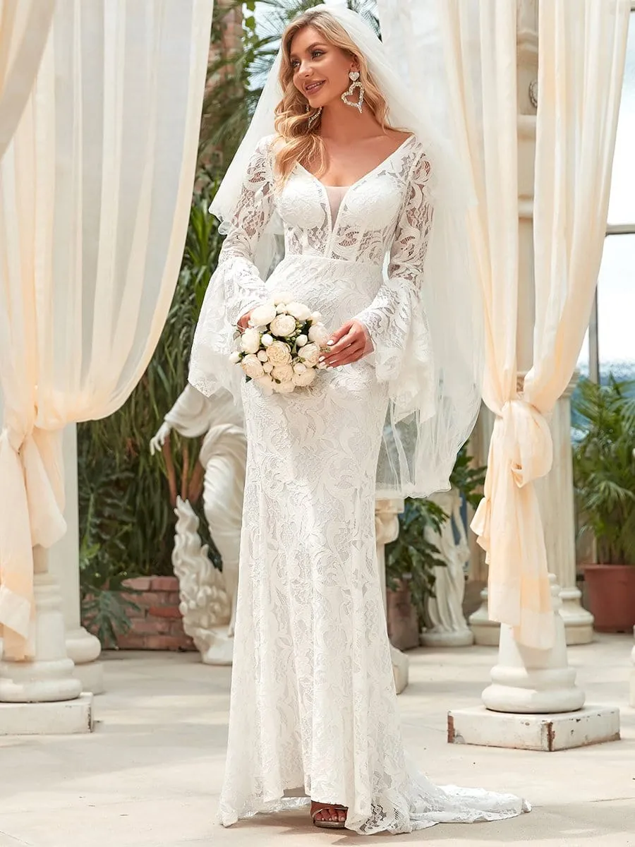 All-Over Lace Bell Sleeve Fishtail Wedding Dress