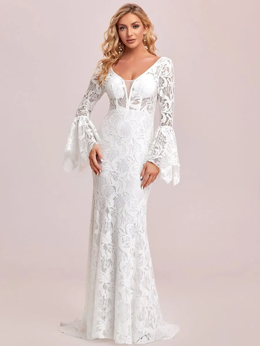 All-Over Lace Bell Sleeve Fishtail Wedding Dress