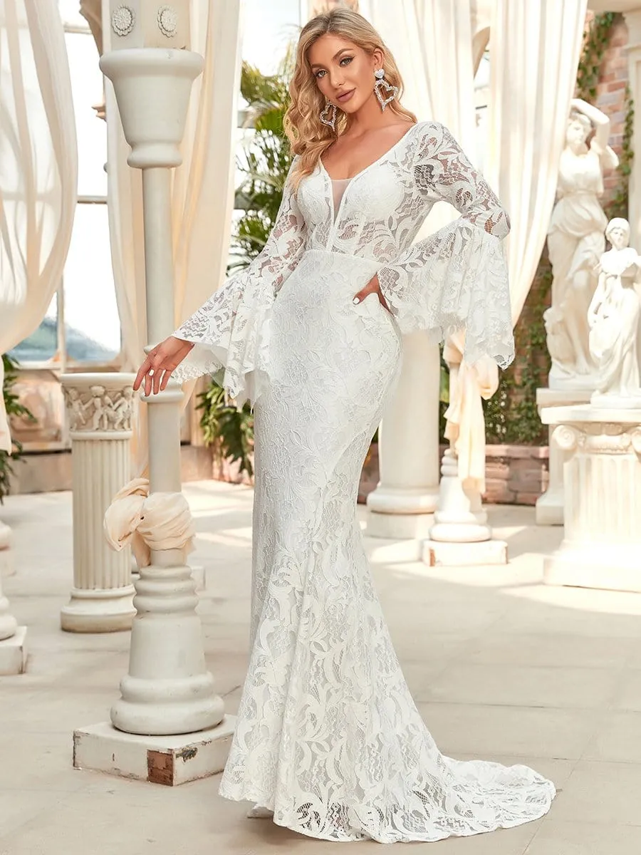 All-Over Lace Bell Sleeve Fishtail Wedding Dress