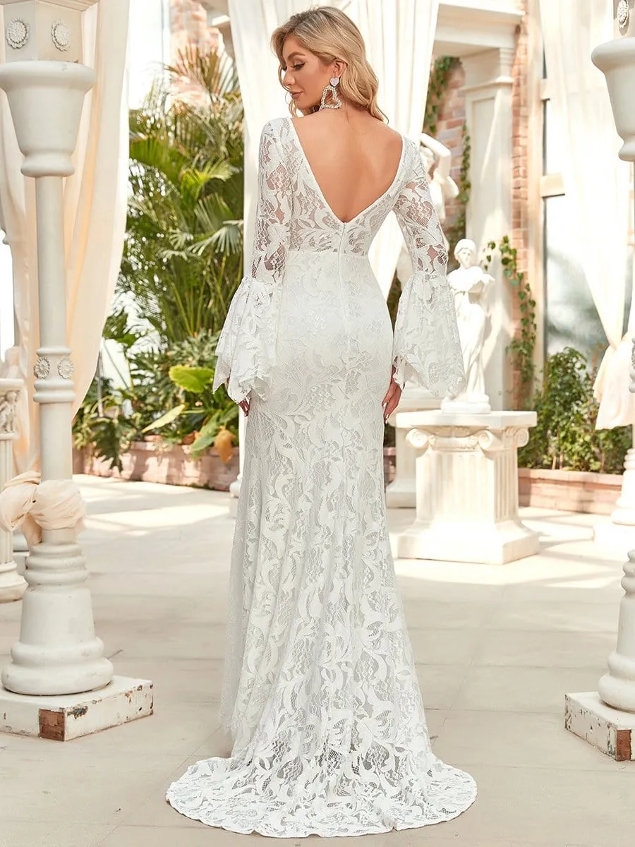 All-Over Lace Bell Sleeve Fishtail Wedding Dress