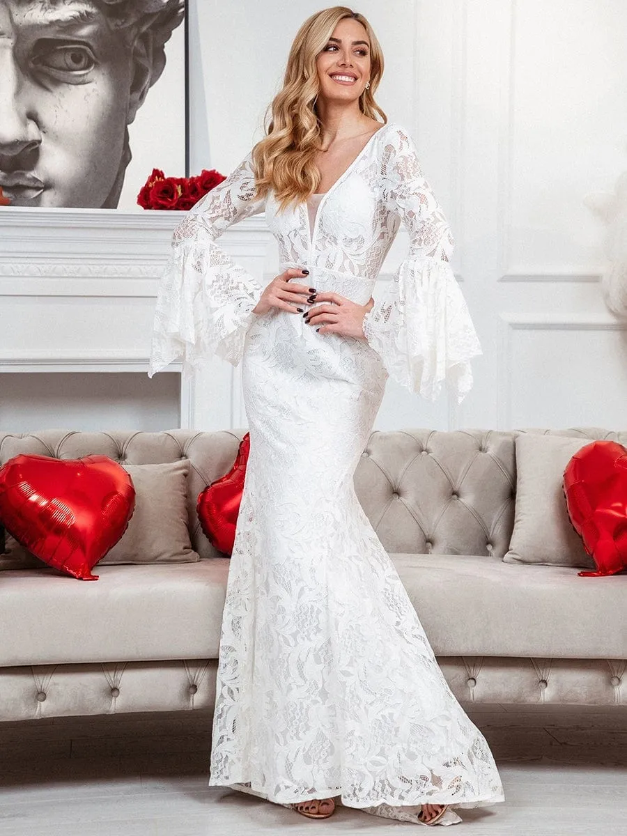 All-Over Lace Bell Sleeve Fishtail Wedding Dress