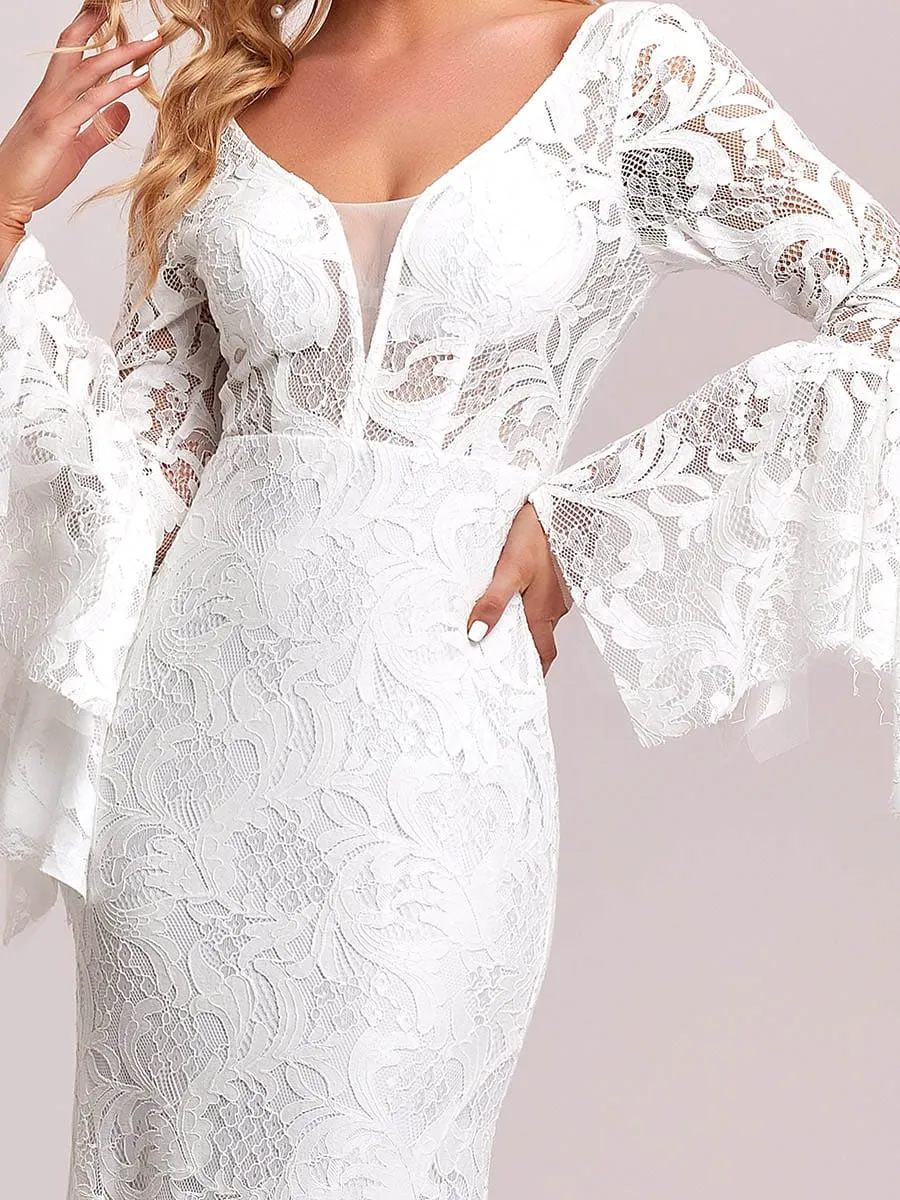 All-Over Lace Bell Sleeve Fishtail Wedding Dress