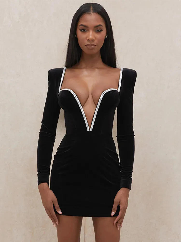 Amozae-hoco dresses -A Long Sleeve Sexy Deep V Neck Wired Diamante Crystal Padded Should Bodycon Outfits Women Winter Velvet Party Dress