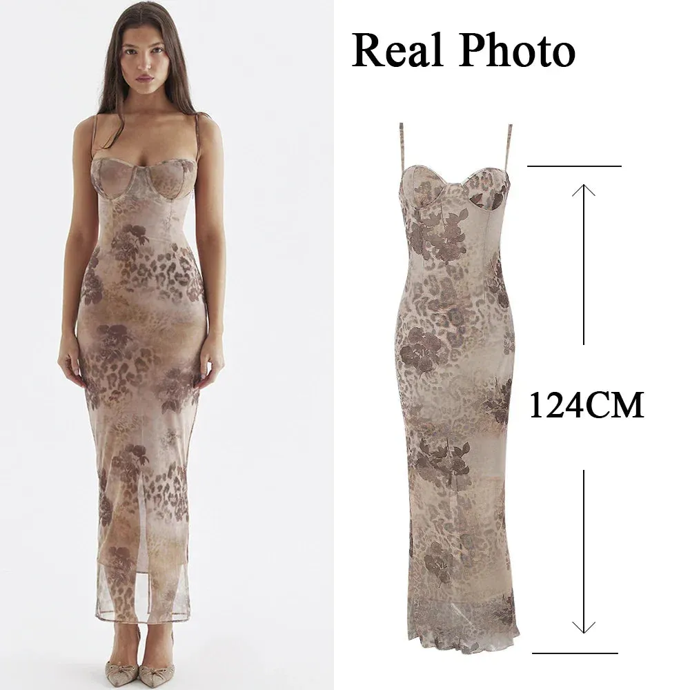 Amozae New Mesh Print Long Dress with Chest Padded Sexy Back Lace Up Vacays Party Going Out Outfits Summer Dress Women 2023