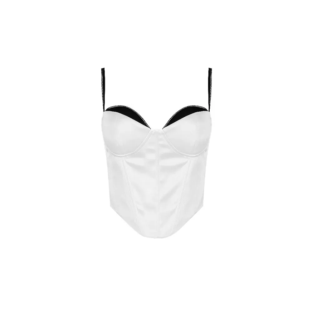 Amozae Thick Satin Bustier Corset Crop Top with Chest Pads Spaghetti Strap White Bodycon Top Summer Women Tops with Fishbone