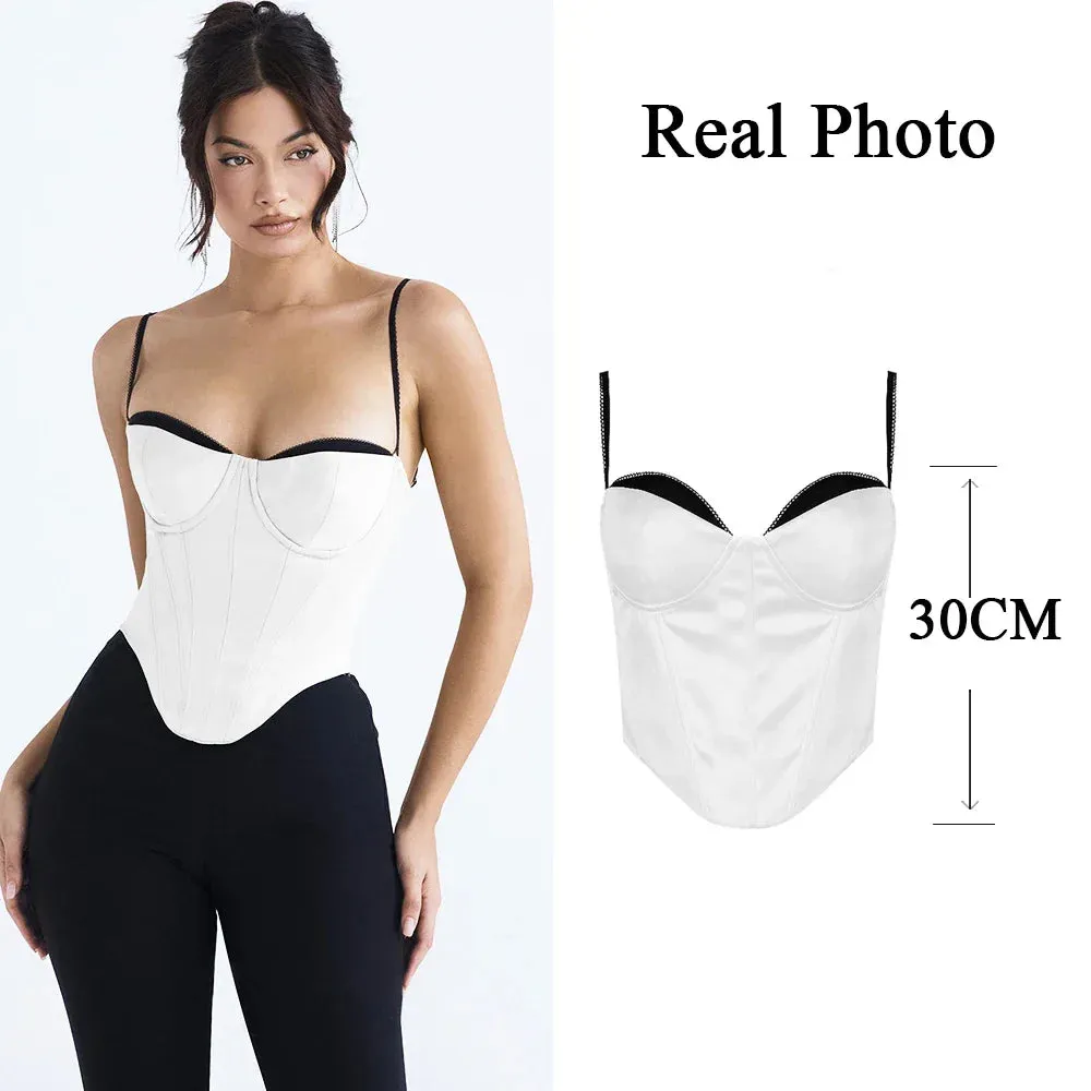 Amozae Thick Satin Bustier Corset Crop Top with Chest Pads Spaghetti Strap White Bodycon Top Summer Women Tops with Fishbone