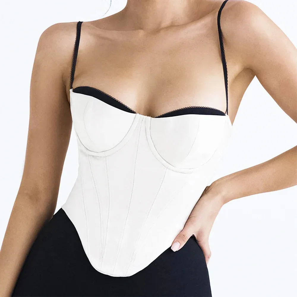 Amozae Thick Satin Bustier Corset Crop Top with Chest Pads Spaghetti Strap White Bodycon Top Summer Women Tops with Fishbone