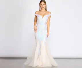 Andrina Iridescent Sequin & Tulle Off Shoulder Mermaid Dress