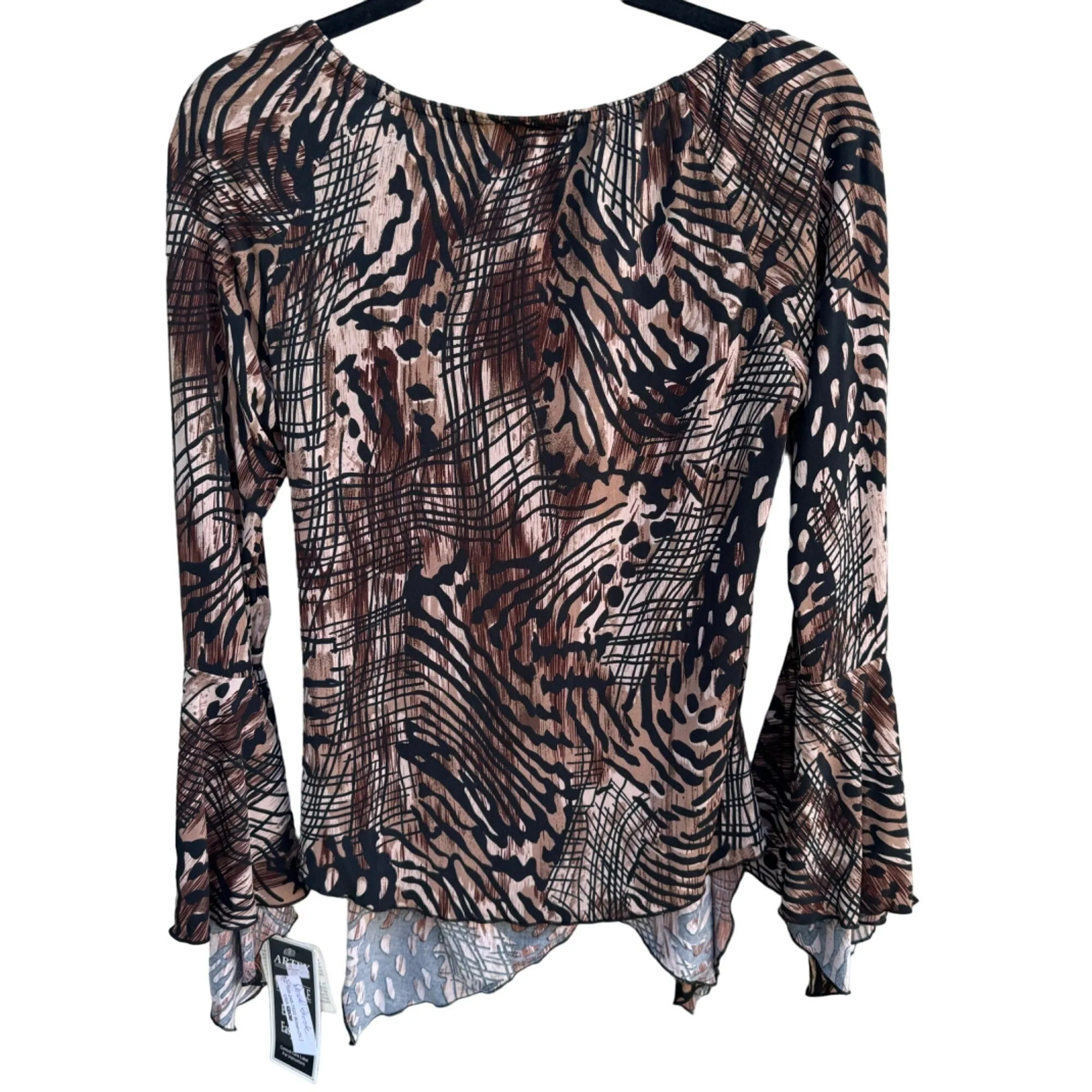 Artex Womens Flowy Semi Sheer Animal Print Black Brown Long Bell Sleeve Top New