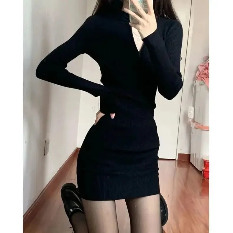 Autumn Bodycon Wrap Slim Sheath Mini Dress Women Retro Vintage Long Sleeve O-neck Knitted Short Dresses Fashion