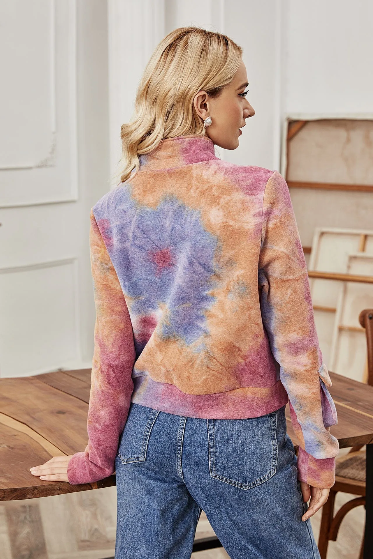 Autumn Turtleneck Cardigan Women Clothes Color Loose Zip Tie Dye Top Outerwear